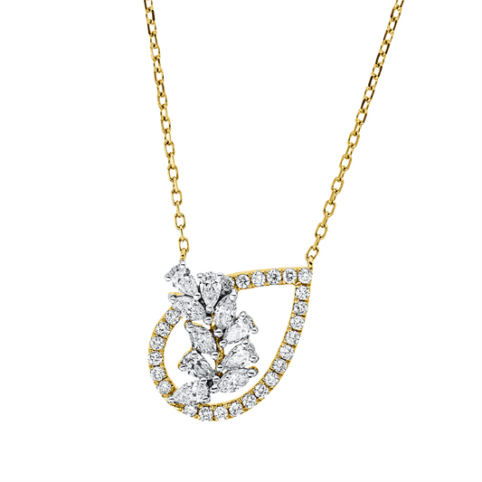 Collier 18 kt GG+WG, mit ZÖ 40 cm, 4 Nav. 0,15 ct, TW-vsi, 6 Tropfen 0,23 ct, TW-vsi, 25 Brill. 0,15 ct, TW-si