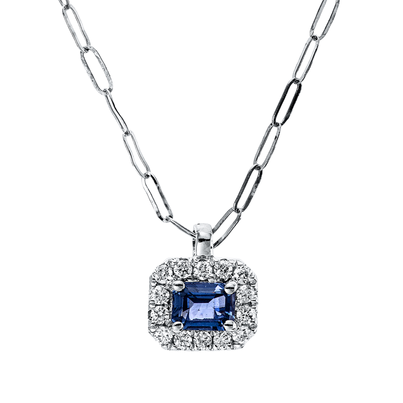 Collier 18 kt WG, mit ZÖ 40 cm, 14 Brill. 0,09 ct, TW-si, 1 Saphir 0,26 ct blau