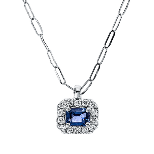 Collier 18 kt WG, mit ZÖ 40 cm, 14 Brill. 0,09 ct, TW-si, 1 Saphir 0,26 ct blau