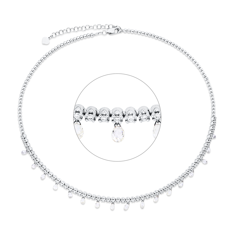 Collier 18 kt WG, choker, mit ZÖ 34,5 cm, 17 Fant-Schl. 2,95 ct, W-vsi, 55 Brill. 0,75 ct, W-vsi