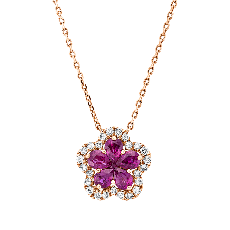 Collier 18 kt RG, mit ZÖ 38 cm, 25 Brill. 0,22 ct, TW-si, 1 Rubin 0,03 ct rot, 5 Rubine 0,88 ct rot