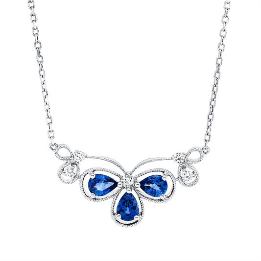 Collier 18 kt WG, mit ZÖ 42,43,44 cm, 5 Brill. 0,07 ct, TW-si, 3 Saphire 0,55 ct blau