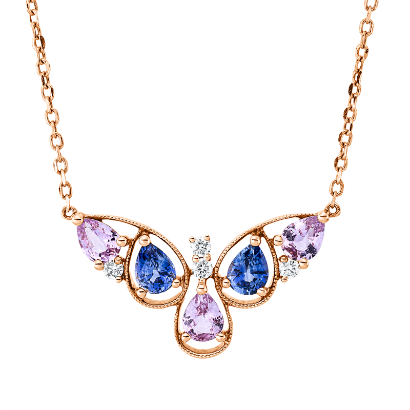 Collier 18 kt RG, 4 Brill. 0,06 ct, TW-si, 2 Saphire 0,38 ct blau, 3 Saphire 0,48 ct pink