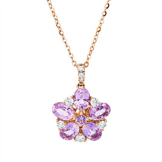 Collier 18 kt RG, 8 Brill. 0,10 ct, TW-si, 1 Saphir 0,04 ct pink, 5 Saphire 1,04 ct pink
