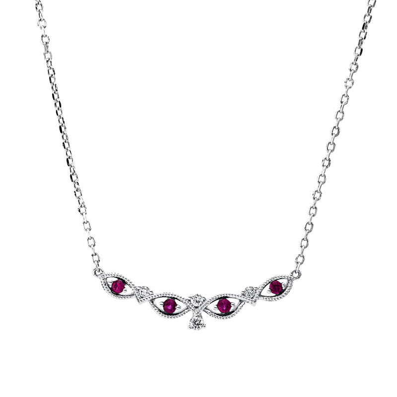 Collier 18 kt WG, mit ZÖ 42,43,44 cm, 4 Brill. 0,05 ct, TW-si, 4 Rubine 0,07 ct rot