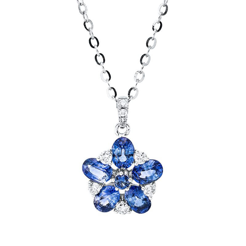 Collier 14 kt WG, 8 Brill. 0,11 ct, TW-si, 1 Saphir 0,05 ct blau, 5 Saphire 1,02 ct blau