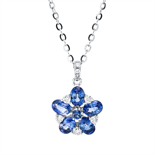 Collier 14 kt WG, 8 Brill. 0,11 ct, TW-si, 1 Saphir 0,05 ct blau, 5 Saphire 1,02 ct blau