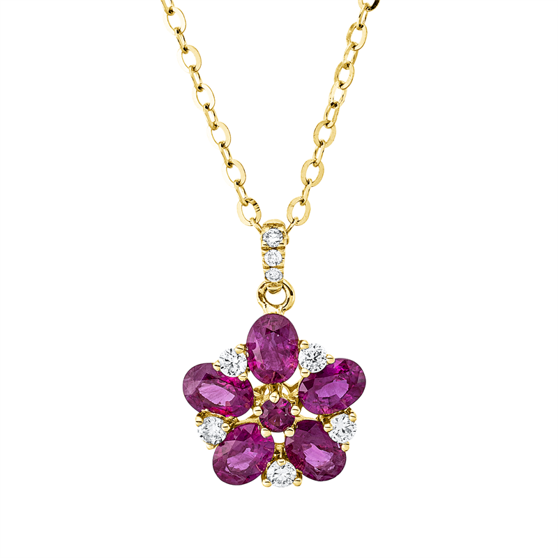 Collier 14 kt GG, mit ZÖ 40 cm + 42,5 cm, 8 Brill.0,11ct, TW-si, 1 Rubin 0,04 ct rot, 5 Rubine 0,98ct rot