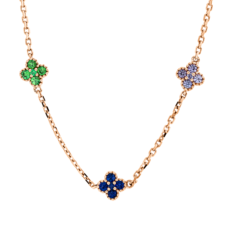 Collier 18 kt RG, mit ZÖ 43 cm + 44 cm, 35 Saphire 0,89 ct fancy