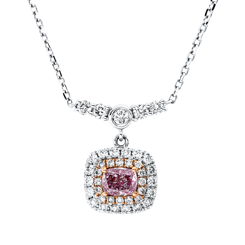 Collier 18 kt WG+RG, mit ZÖ 42 cm, 1 Cushion 0,21 ct, pink-vsi, 39 Brill. 0,22 ct, TW-si