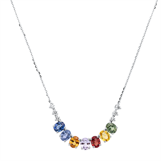 Collier 18 kt WG, mit ZÖ 40,6 cm, 6 Brill. 0,17 ct, TW-si, 7 Saphire 2,87 ct multicolor
