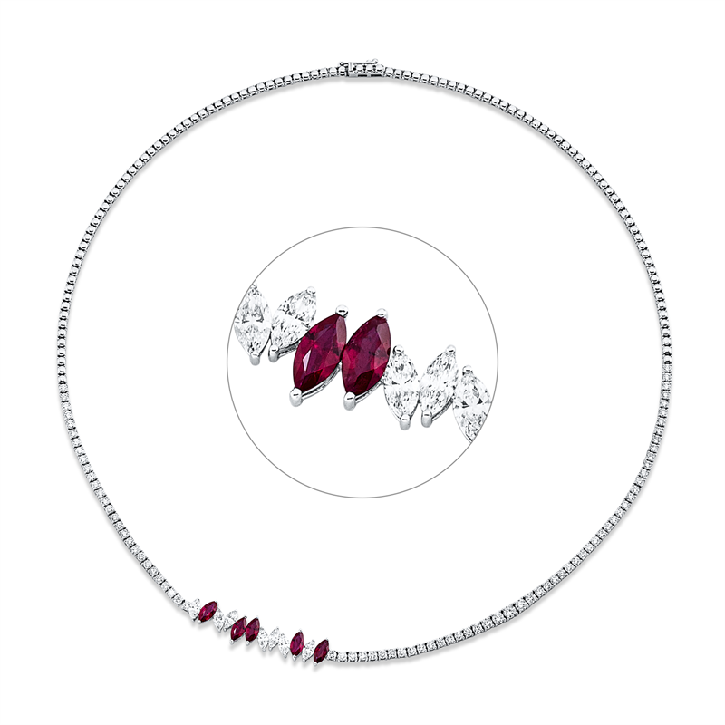Collier 18 kt WG, 7 Nav. 0,70 ct, F-vsi, 79 Brill. 2,49 ct, F-vsi, 5 Rubine 1,21 ct rot