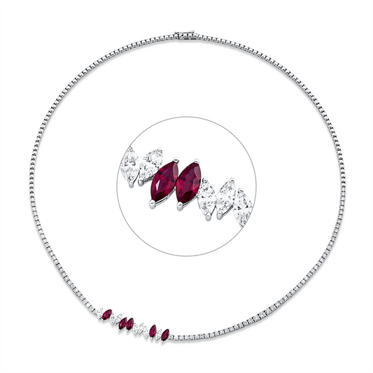 Collier 18 kt WG, 7 Nav. 0,70 ct, F-vsi, 79 Brill. 2,49 ct, F-vsi, 5 Rubine 1,21 ct rot