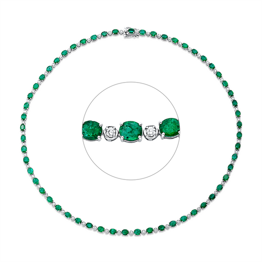 Collier 18 kt WG, 57 Brill. 1,16 ct, F-vsi/si, 57 Smaragde 13,77 ct grün