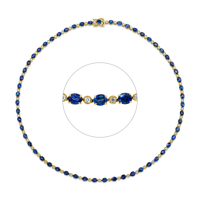 Collier 18 kt GG, 57 Brill. 1,16 ct, F-vsi/si, 57 Saphire 16,49 ct blau