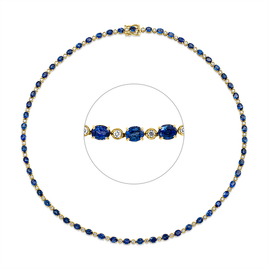 Collier 18 kt GG, 57 Brill. 1,16 ct, F-vsi/si, 57 Saphire 16,49 ct blau