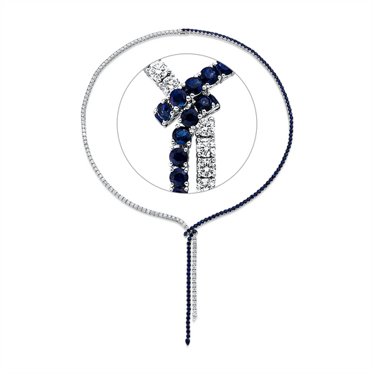 Collier 18 kt WG, 1 Tropfen 0,16 ct, F-vsi, 94 Brill. 7,57 ct, F-vsi, 107 Saphire 11,53 ct blau