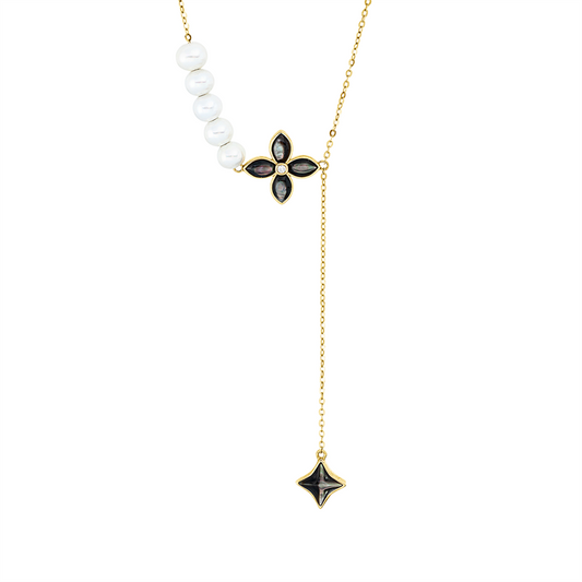 Collier 18 kt GG, mit Silikonverschluss bei 42 c, 1 Brill. 0,02 ct, TW-si, 1 Perlmutt schwarz, 1 Perlmutt schwarz, 1 SW weiß 5 mm, 5 SW weiß 4,5 mm