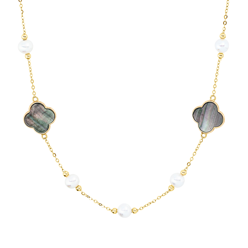 Collier 18 kt GG, mit Silikonverschluss bei 43 c, 2 Perlmutt schwarz, 8 SW weiß 4,5 mm