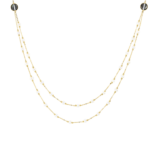Collier 18 kt GG, Fassung rhod, 10 Brill. 0,13 ct, TW-si, 2 Perlmutt schwarz, 31 SW weiß 4 mm