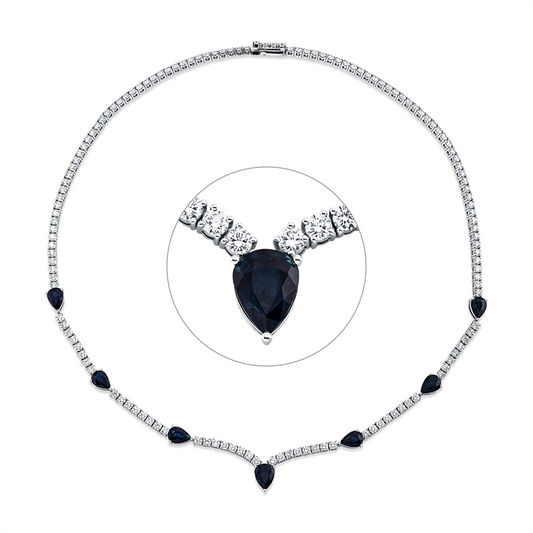 Collier 18 kt WG, 138 Brill. 7,17 ct, TW-si, 1 Saphir 1,33 ct blau, 6 Saphire 5,11 ct blau