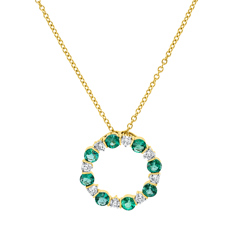 Collier 18 kt GG, mit ZÖ 40 cm + 43 cm, 8 Brill. 0,27 ct, F-vsi, 8 Smaragde 0,84 ct grün