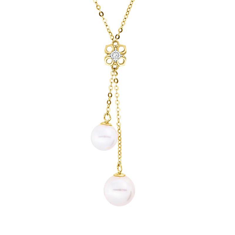 Collier 18 kt GG, mit Silikonverschluss bei 38, 1 Brill. 0,02 ct, TW-si, 1 Perlmutt gold, 1 SW weiß 5 mm, 1 SW weiß 7 mm, 1 SW weiß 8 mm