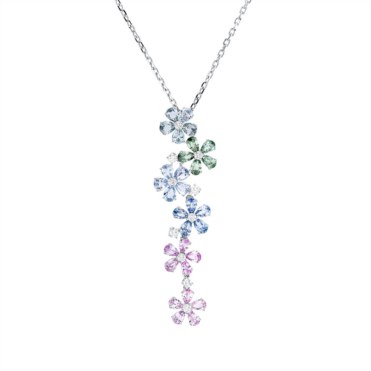 Collier 18 kt WG, mit ZÖ 40 cm, 10 Brill. 0,58 ct, TW-vsi/si, 30 Farbsteine 7,86 ct multicolor