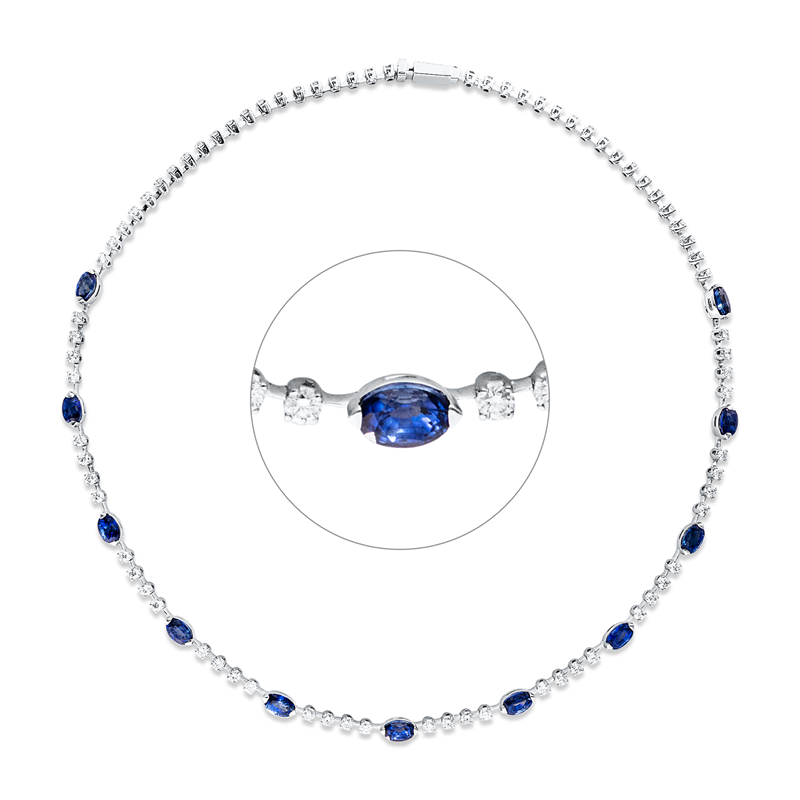 Collier 18 kt WG, 83 Brill. 3,63 ct, TW-vsi/si, 11 Saphire 8,16 ct blau