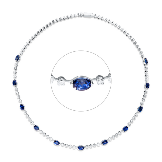 Collier 18 kt WG, 83 Brill. 3,63 ct, TW-vsi/si, 11 Saphire 8,16 ct blau