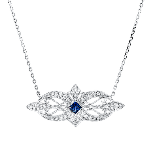 Collier 18 kt WG, mit ZÖ 40,6 cm + 43,2 cm, 44 Brill. 0,20 ct, TW-si/pi, 1 Saphir 0,17 ct blau