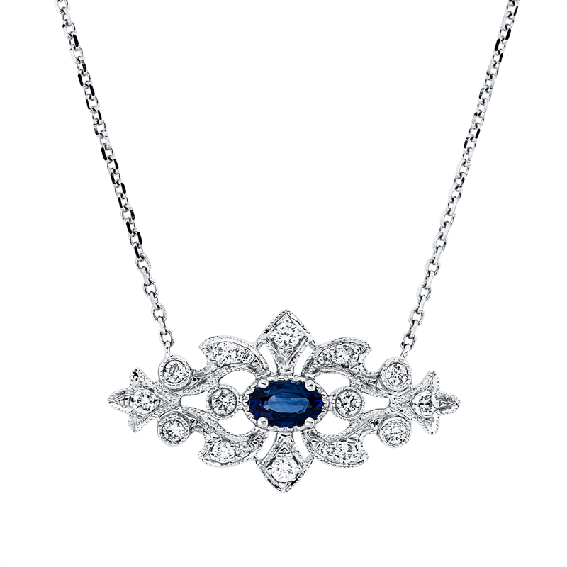Collier 18 kt WG, mit ZÖ 40,6 cm + 43,2 cm, 18 Brill. 0,26 ct, TW-si, 1 Saphir 0,28 ct blau