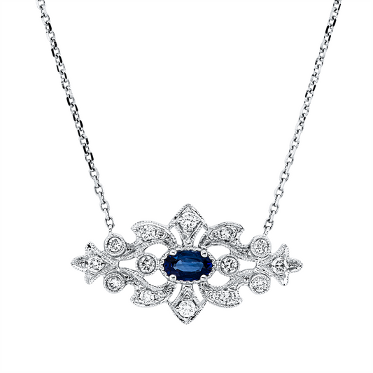 Collier 18 kt WG, mit ZÖ 40,6 cm + 43,2 cm, 18 Brill. 0,26 ct, TW-si, 1 Saphir 0,28 ct blau