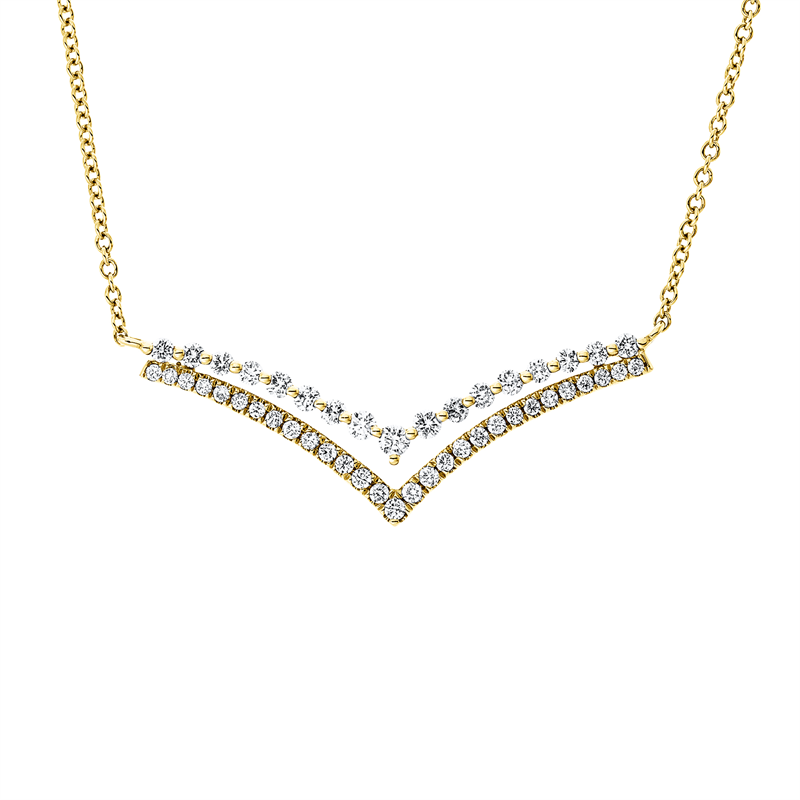 Collier 14 kt GG, mit ZÖ 40,6 cm + 43,2 cm, 46 Brill. 0,32 ct, I-si