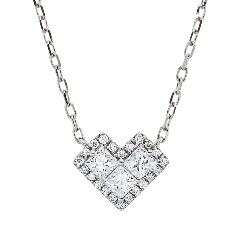 Collier 18 kt WG, ZÖ 40,6+43 cm, 5 Brill. 0,02 ct, TW-pi, 17 Brill. 0,05 ct, TW-pi, 3 Princ. 0,31 ct, TW-si