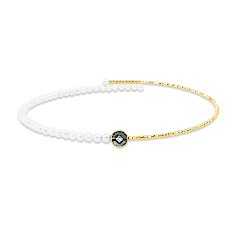 Collier 18 kt GG, Fassung rhodiniert, 1 Brill. 0,01 ct, TW-si, 1 Perlmutt schwarz, 44 ZP weiß 4,5 mm