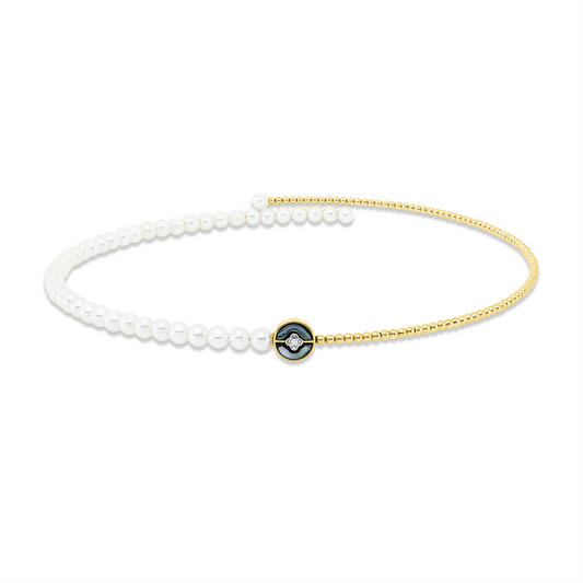 Collier 18 kt GG, Fassung rhodiniert, 1 Brill. 0,01 ct, TW-si, 1 Perlmutt schwarz, 44 ZP weiß 4,5 mm