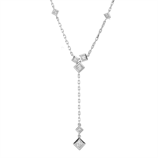 Collier 18 kt WG, ZÖ 40,6+43 cm, 5 Brill. 0,10 ct, TW-pi, 2 Princ. 0,15 ct, TW-si
