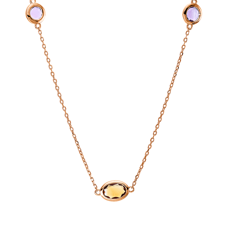 Collier 18 kt RG, mit ZÖ 40 cm + 42 cm, 1 Citrin 0,35 ct gelb, 4 Amethyste 0,80 ct lila