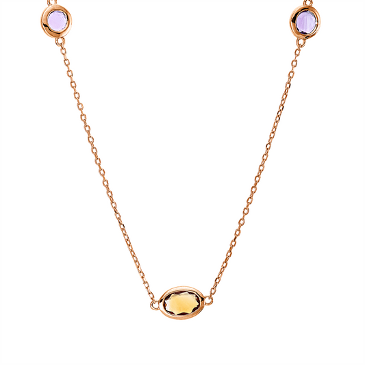 Collier 18 kt RG, mit ZÖ 40 cm + 42 cm, 1 Citrin 0,35 ct gelb, 4 Amethyste 0,80 ct lila
