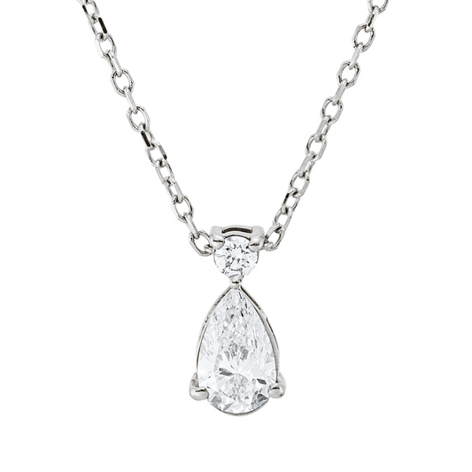 Collier 18 kt WG, mit ZÖ 40 cm + 42 cm, 1 Tropfen 0,30 ct, TW-si, 1 Brill. 0,04 ct, TW-si