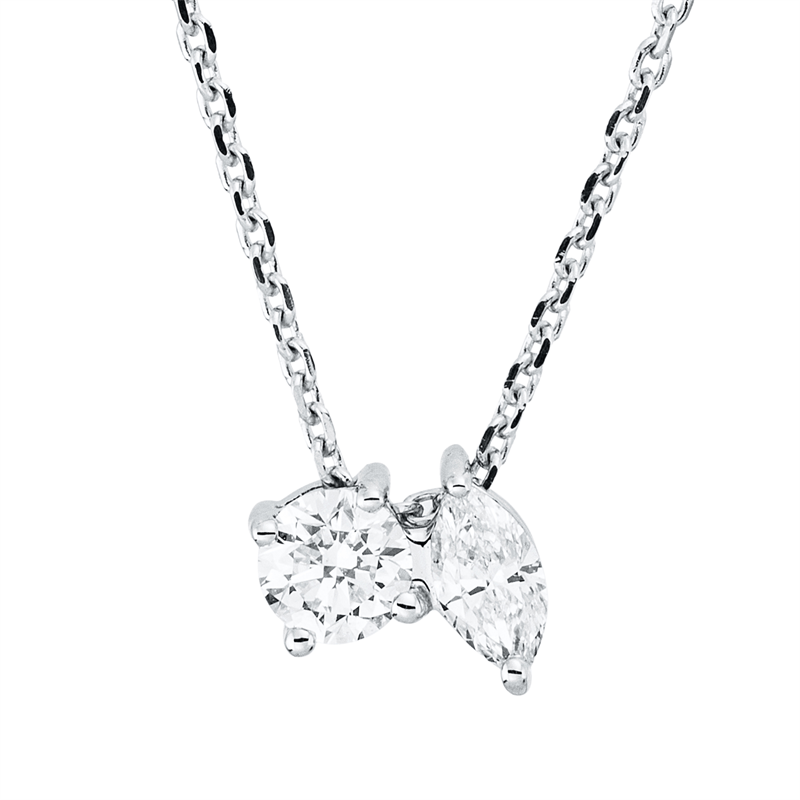 Collier 18 kt WG, mit ZÖ 42 cm, 1 Nav. 0,10 ct, TW-si, 1 Brill. 0,12 ct, TW-si