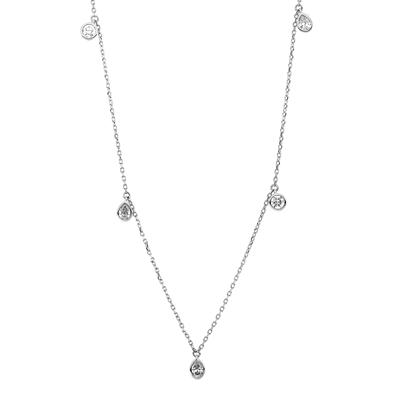 Collier 18 kt WG, mit ZÖ 43 cm + 40,6 cm, 2 Tropfen 0,19 ct, TW-si, 1 Oval 0,09 ct, TW-si, 2 Brill. 0,19 ct, TW-si