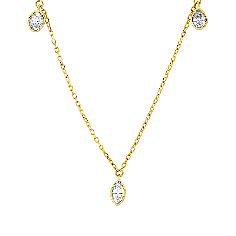 Collier 18 kt GG, mit ZÖ 43 cm + 40,6 cm, 1 Tropfen 0,09 ct, TW-si, 1 Oval 0,09 ct, TW-si, 1 Nav. 0,10 ct, TW-si, 1 Sm.schliff 0,10 ct, TW-si, 1 Princ. 0,11 ct, TW-si