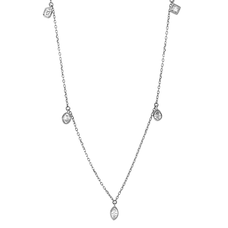 Collier 18 kt WG, mit ZÖ 43 cm + 40,6 cm, 1 Tropfen 0,10 ct, TW-si, 1 Oval 0,11 ct, TW-si, 1 Nav. 0,09 ct, TW-si, 1 Sm.schliff 0,10 ct, TW-si, 1 Princ. 0,11 ct, TW-si