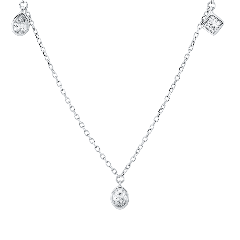 Collier 18 kt WG, mit ZÖ 43 cm + 40,6 cm, 1 Princ. 0,10 ct, TW-si, 1 Tropfen 0,09 ct, TW-si, 1 Oval 0,11 ct, TW-si, 1 Sm.schliff 0,10 ct, TW-si, 1 Brill. 0,10 ct, TW,