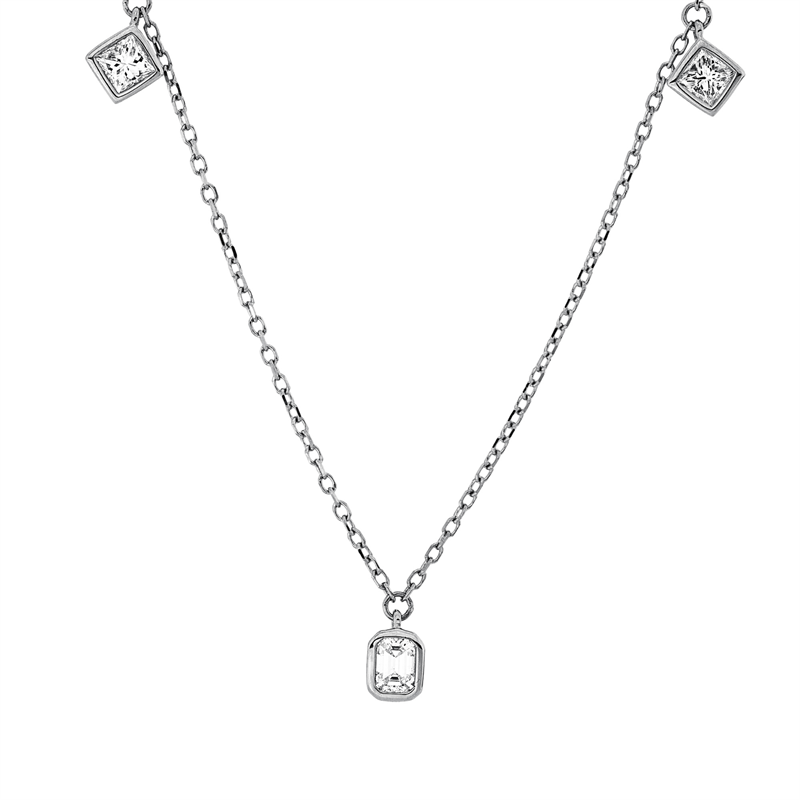 Collier 18 kt WG, mit ZÖ 43 cm + 40,6 cm, 3 Sm.schliff 0,29 ct, TW-si, 2 Princ. 0,20 ct, TW-si