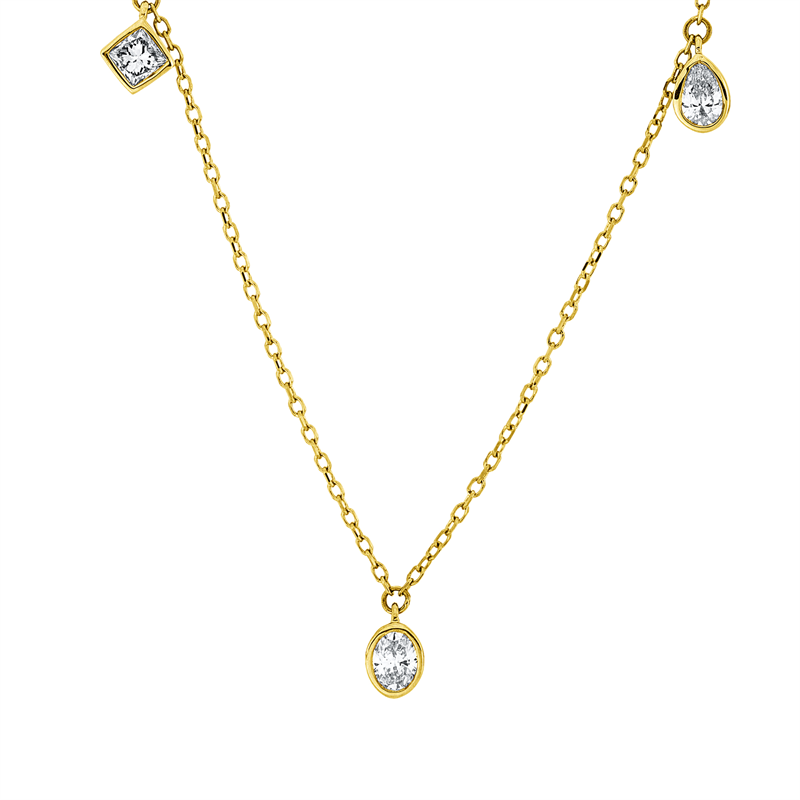 Collier 18 kt GG, mit ZÖ 43 cm + 40,6 cm, 1 Tropfen 0,10 ct, TW-si, 1 Oval 0,11 ct, TW-si, 1 Nav. 0,09 ct, TW-si, 1 Sm.schliff 0,11 ct, TW-si, 1 Princ. 0,11 ct, TW-si