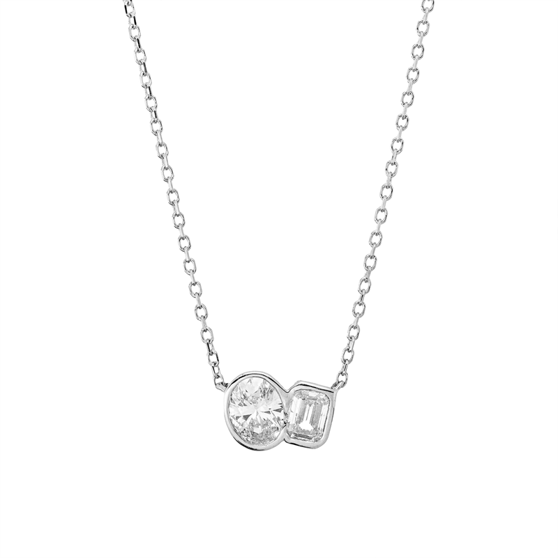 Collier 18 kt WG, mit ZÖ 43 cm + 40,6 cm, 1 Sm.schliff 0,20 ct, TW-si, 1 Oval 0,30 ct, TW-si