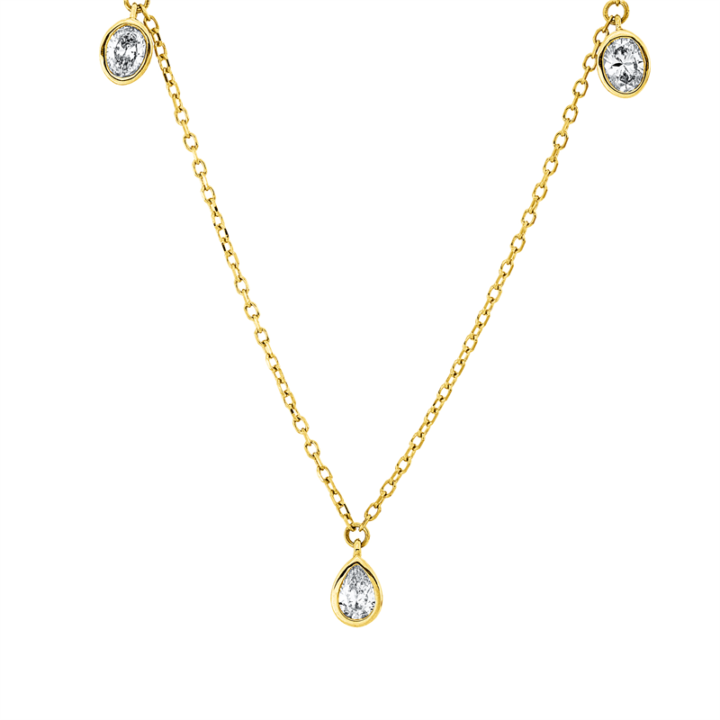 Collier 18 kt GG, mit ZÖ 43 cm + 40,6 cm, 3 Tropfen 0,27 ct, TW-si, 2 Oval 0,21 ct, TW-si